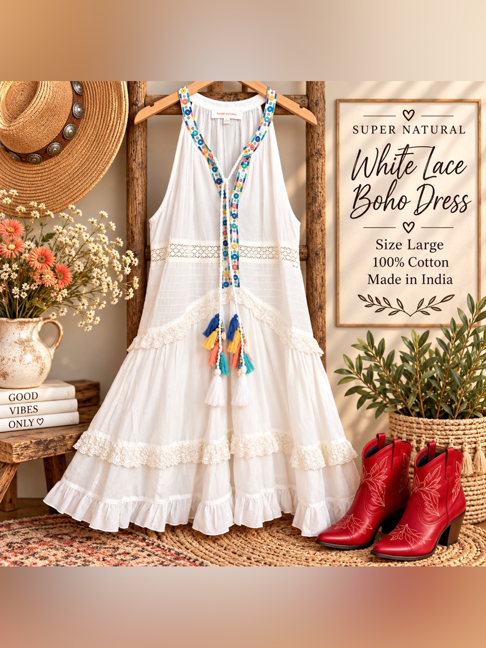 White Boho cotton Dress- Colorful Tassel Trim, intricate lace/mirror/embroidery
